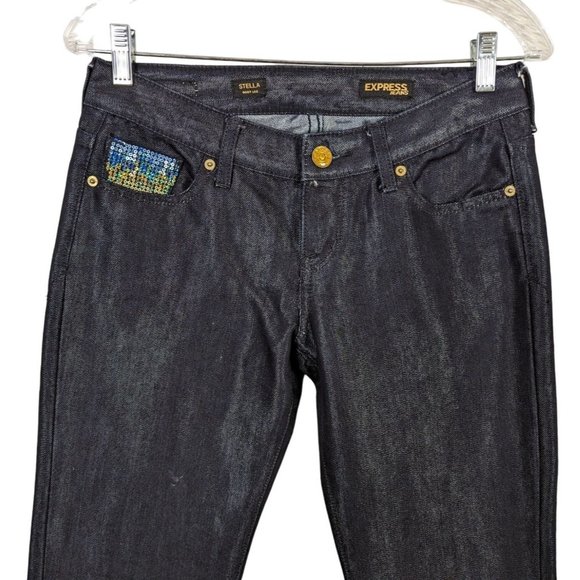 Express Boot Leg Stella glittery sequins mid rise dark blue jeans sz 2 Length 34 - Picture 3 of 5